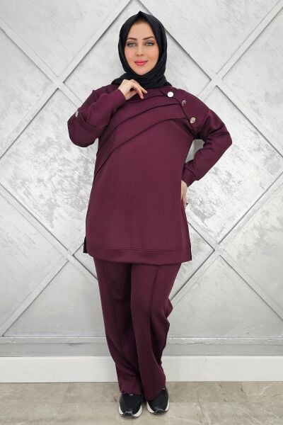 KADIN NERVÜR DİKİM DÜĞME DETAYLI TESETTÜR TAKIM BORDO - 4 BEDEN
