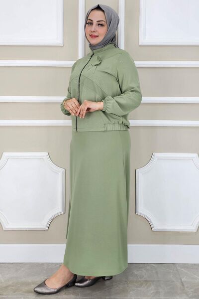 PYS KADIN TAŞ DETAYLI SİMLİ TESETTÜR TAKIM YEŞİL - 3 BEDEN