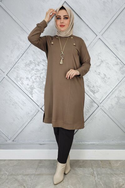 KADIN KOLYE VE DÜĞME DETAYLI TESETTÜR TUNİK VİZON - 4 BEDEN