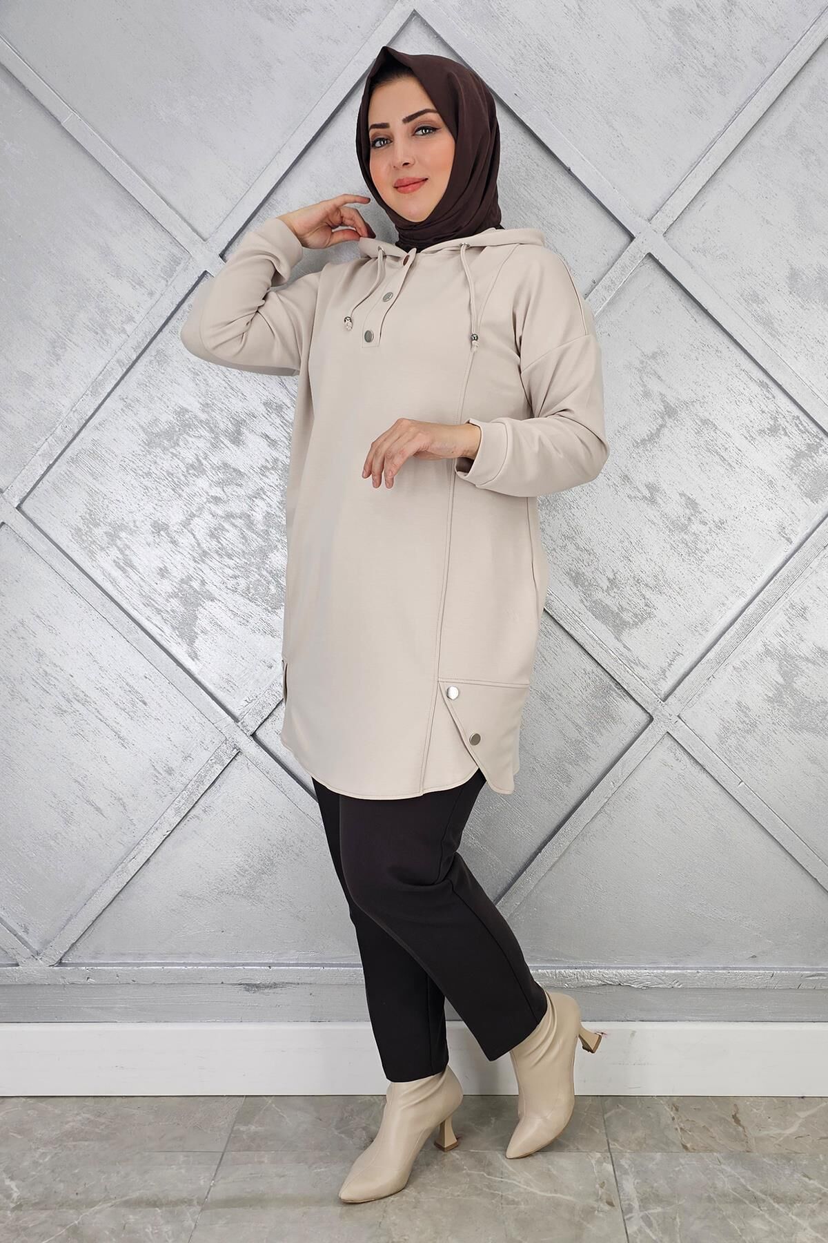 KADIN ÇIT ÇITLI KAPÜŞONLU TESETTÜR TUNİK TAŞ - 4 BEDEN
