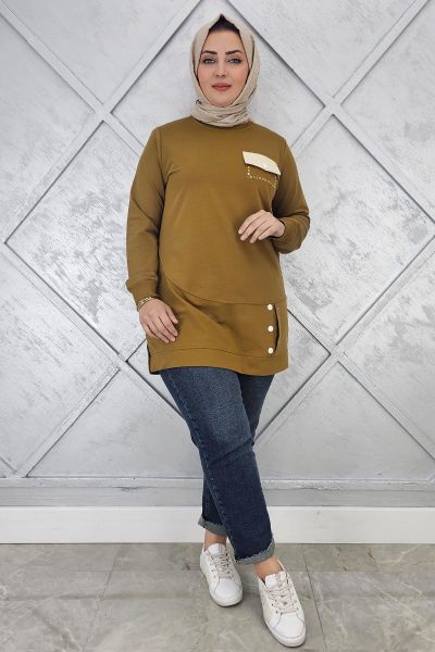KADIN DÜĞME VE CEP GÖRÜNÜM DETAYLI TESETTÜR TUNİK YAĞ YEŞİLİ - 3XL