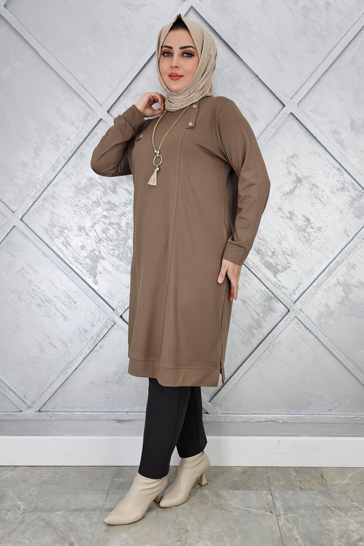 KADIN KOLYE VE DÜĞME DETAYLI TESETTÜR TUNİK VİZON - 3 BEDEN