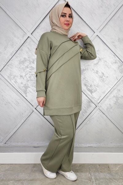 KADIN NERVÜR DİKİM DÜĞME DETAYLI TESETTÜR TAKIM HAKİ - 4 BEDEN