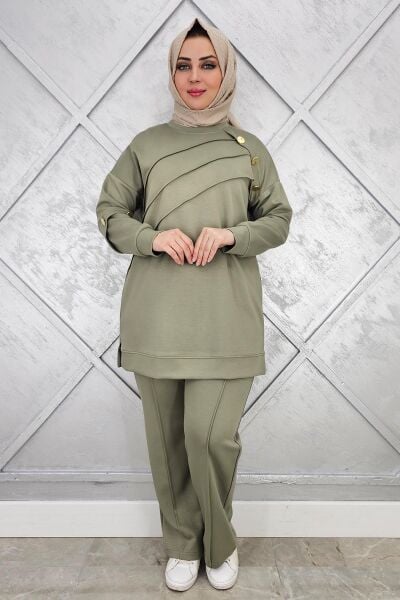 KADIN NERVÜR DİKİM DÜĞME DETAYLI TESETTÜR TAKIM HAKİ - 4 BEDEN