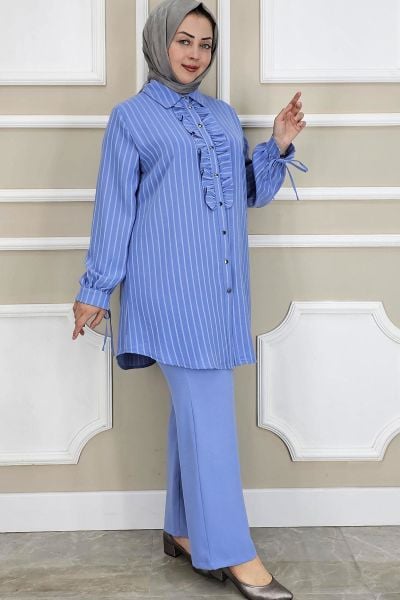 PYS KADIN ÇİGİLİ FIRFIRLI GÖMLEK PANTOLON TESETTÜR TAKIM MAVİ - 5 BEDEN