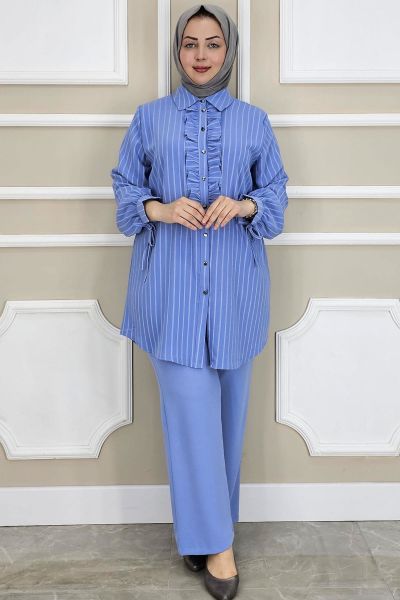PYS KADIN ÇİGİLİ FIRFIRLI GÖMLEK PANTOLON TESETTÜR TAKIM MAVİ - 5 BEDEN