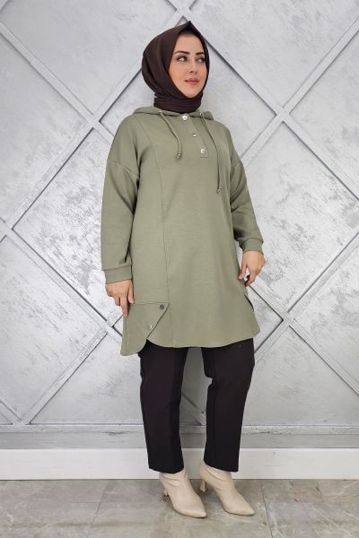 KADIN ÇIT ÇITLI KAPÜŞONLU TESETTÜR TUNİK HAKİ - 2 BEDEN
