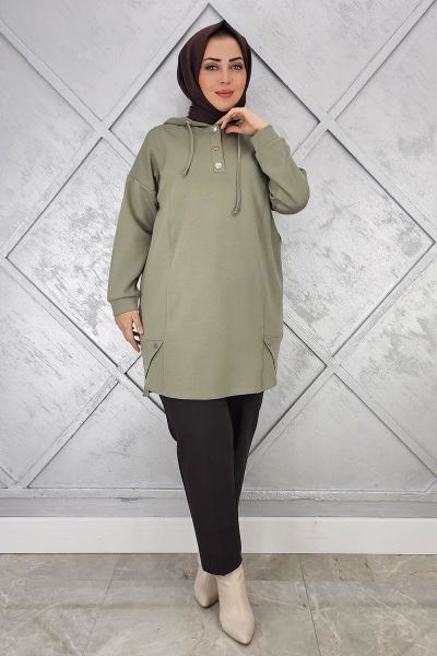 KADIN ÇIT ÇITLI KAPÜŞONLU TESETTÜR TUNİK HAKİ - 2 BEDEN