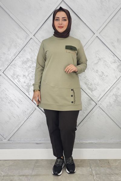 KADIN DÜĞME VE CEP GÖRÜNÜM DETAYLI TESETTÜR TUNİK MİNT YEŞİLİ - XL