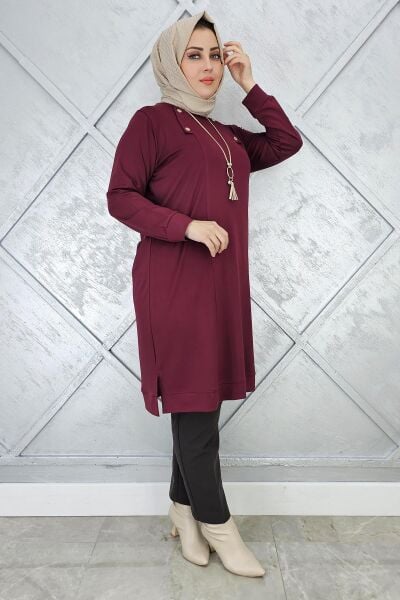 KADIN KOLYE VE DÜĞME DETAYLI TESETTÜR TUNİK BORDO - 2 BEDEN