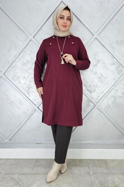KADIN KOLYE VE DÜĞME DETAYLI TESETTÜR TUNİK BORDO - 2 BEDEN