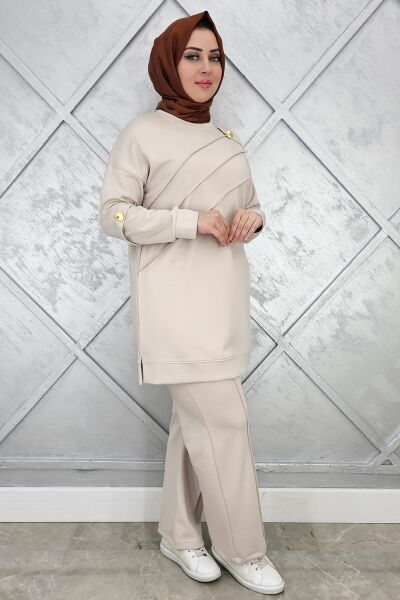 KADIN NERVÜR DİKİM DÜĞME DETAYLI TESETTÜR TAKIM TAŞ - 2 BEDEN