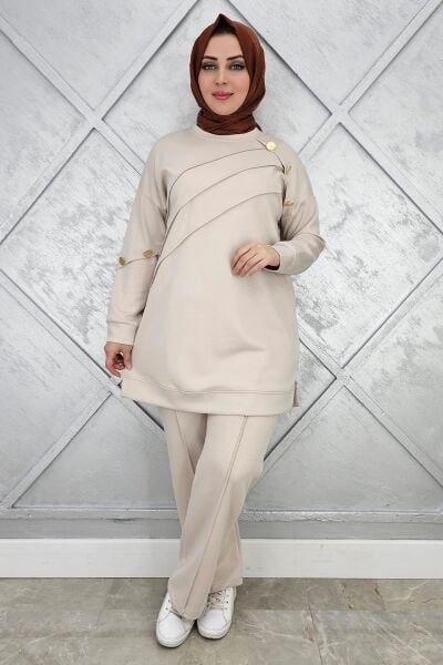 KADIN NERVÜR DİKİM DÜĞME DETAYLI TESETTÜR TAKIM TAŞ - 2 BEDEN