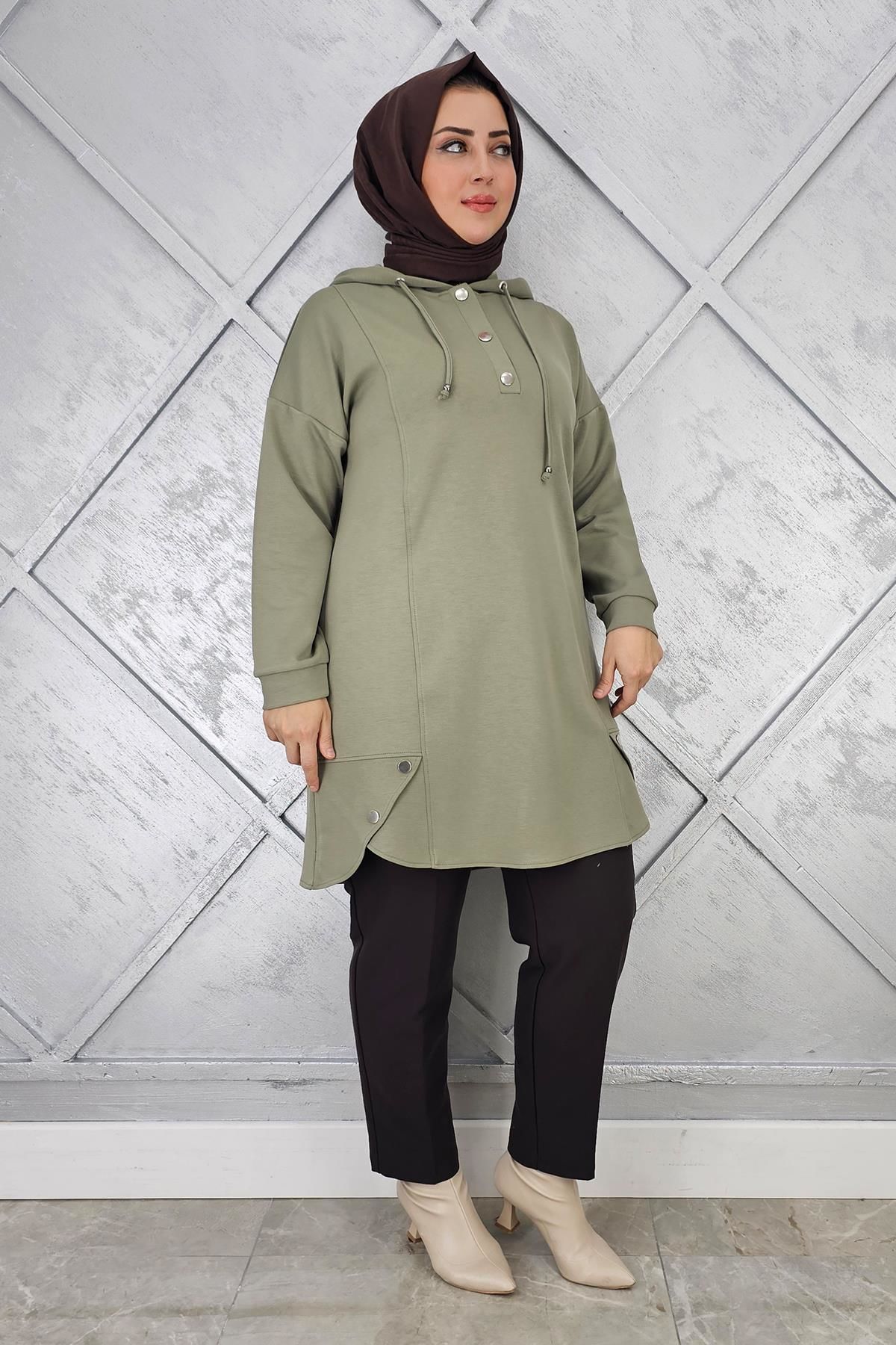 KADIN ÇIT ÇITLI KAPÜŞONLU TESETTÜR TUNİK HAKİ - 3 BEDEN