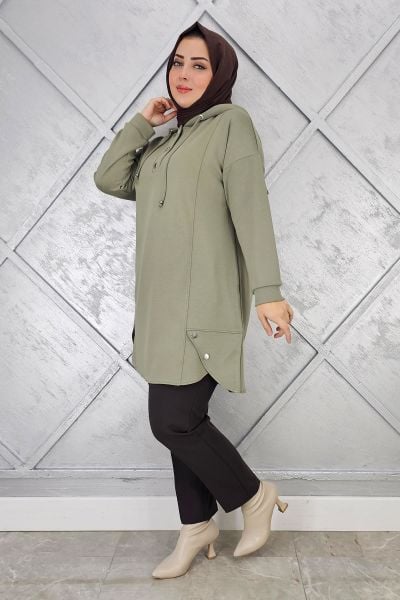 KADIN ÇIT ÇITLI KAPÜŞONLU TESETTÜR TUNİK HAKİ - 3 BEDEN