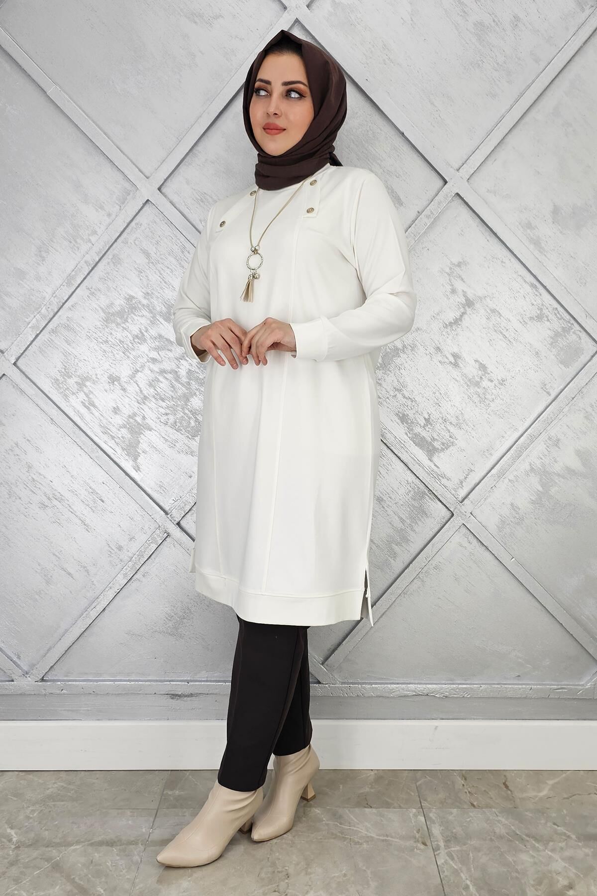 KADIN KOLYE VE DÜĞME DETAYLI TESETTÜR TUNİK EKRU - 5 BEDEN
