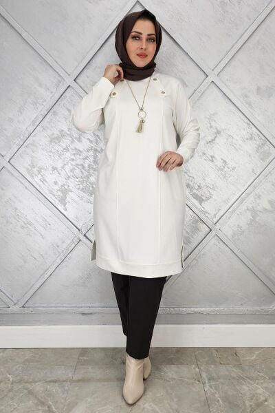 KADIN KOLYE VE DÜĞME DETAYLI TESETTÜR TUNİK EKRU - 5 BEDEN