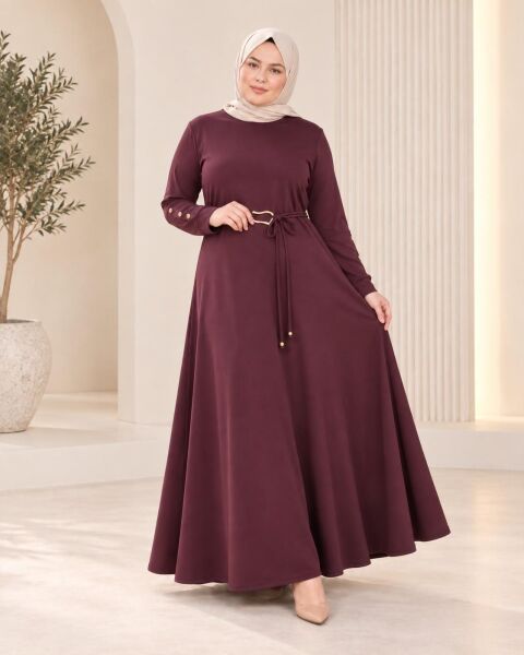 KADIN BELİ TOKA DETAYLI TESETTÜR ELBİSE BORDO - 2XL