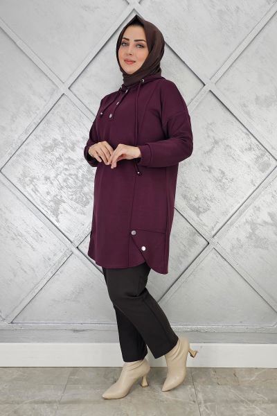 KADIN ÇIT ÇITLI KAPÜŞONLU TESETTÜR TUNİK BORDO - 5 BEDEN
