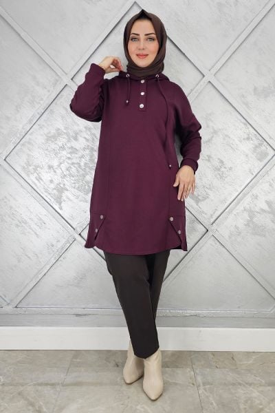 KADIN ÇIT ÇITLI KAPÜŞONLU TESETTÜR TUNİK BORDO - 5 BEDEN