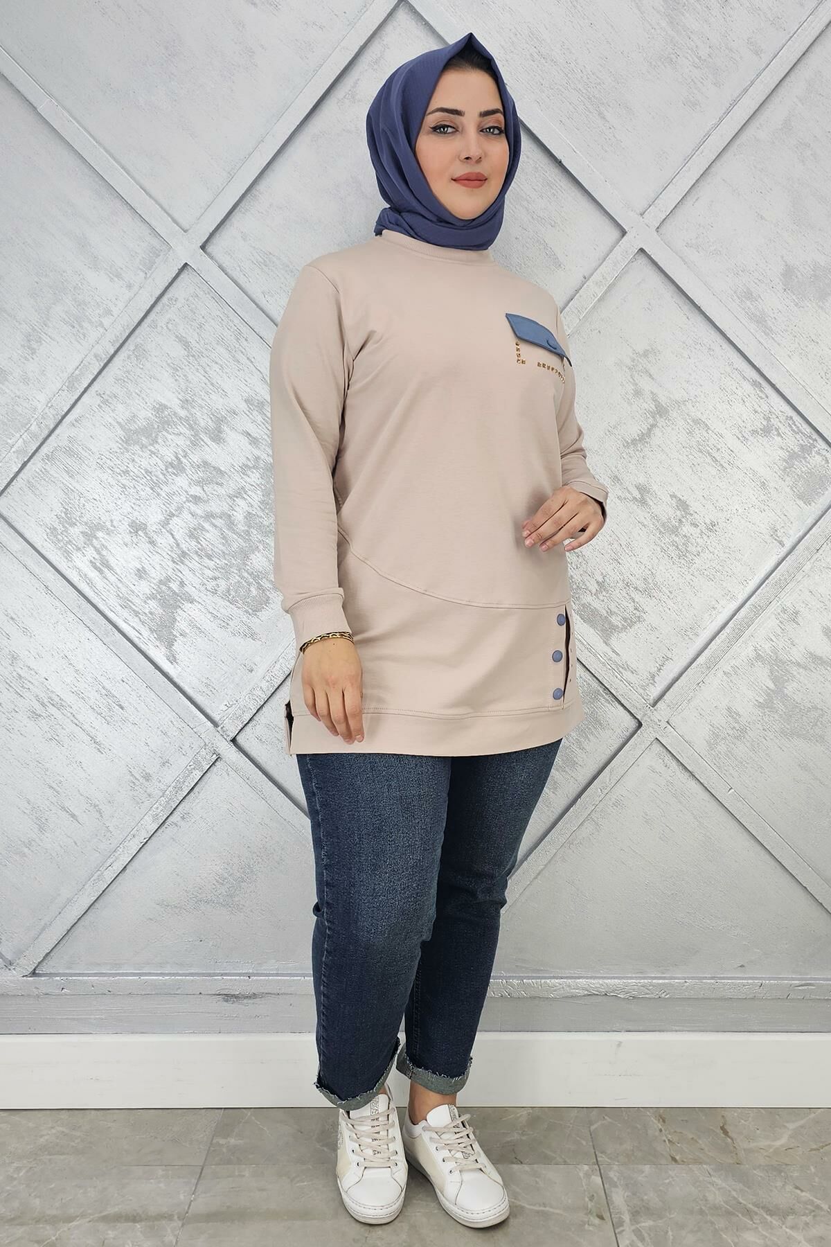 KADIN DÜĞME VE CEP GÖRÜNÜM DETAYLI TESETTÜR TUNİK BEJ - XL