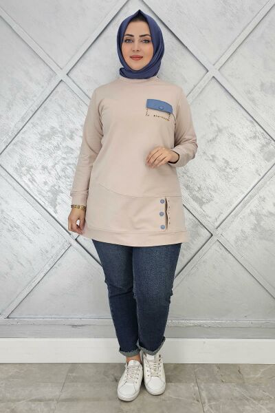 KADIN DÜĞME VE CEP GÖRÜNÜM DETAYLI TESETTÜR TUNİK BEJ - XL
