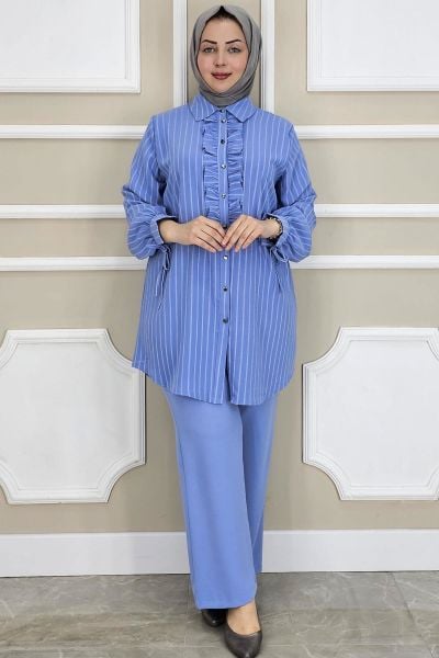 PYS KADIN ÇİGİLİ FIRFIRLI GÖMLEK PANTOLON TESETTÜR TAKIM MAVİ - 4 BEDEN