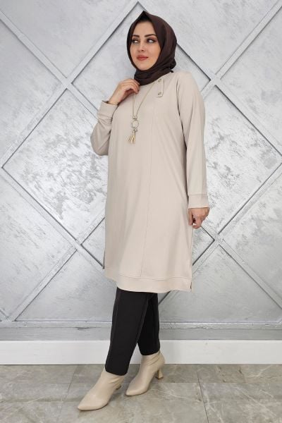 KADIN KOLYE VE DÜĞME DETAYLI TESETTÜR TUNİK BEJ - 2 BEDEN