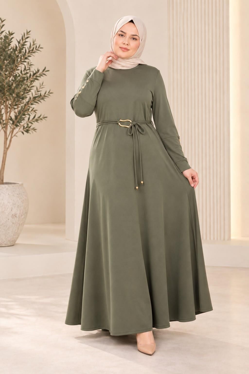 KADIN BELİ TOKA DETAYLI TESETTÜR ELBİSE ÇAĞLA - 3XL