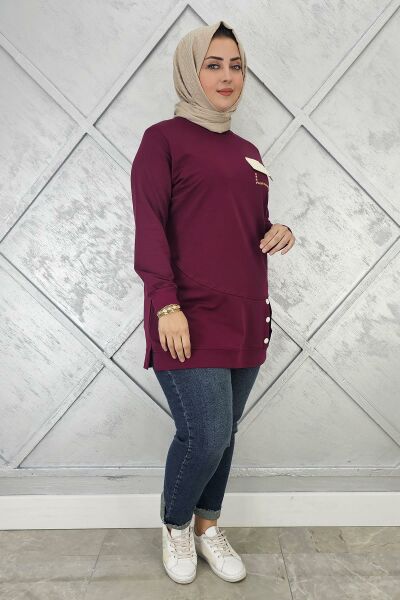 KADIN DÜĞME VE CEP GÖRÜNÜM DETAYLI TESETTÜR TUNİK BORDO - 2XL