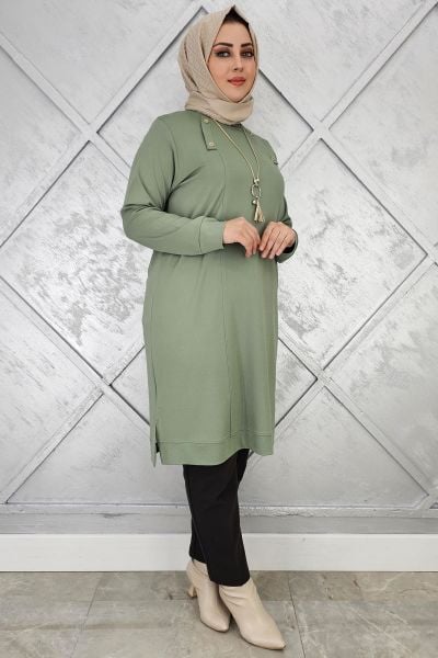 KADIN KOLYE VE DÜĞME DETAYLI TESETTÜR TUNİK YEŞİL - 2 BEDEN