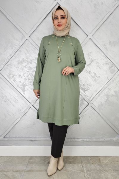 KADIN KOLYE VE DÜĞME DETAYLI TESETTÜR TUNİK YEŞİL - 2 BEDEN