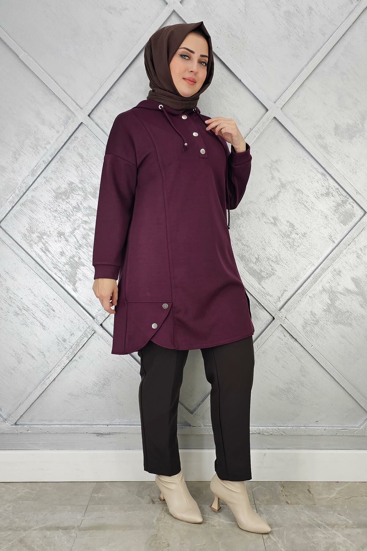 KADIN ÇIT ÇITLI KAPÜŞONLU TESETTÜR TUNİK BORDO - 2 BEDEN