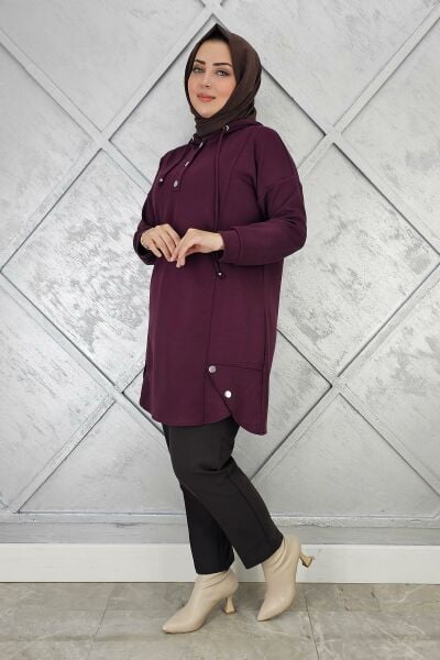 KADIN ÇIT ÇITLI KAPÜŞONLU TESETTÜR TUNİK BORDO - 2 BEDEN