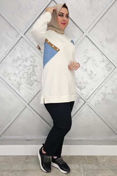 KADIN DÜĞME DETAYLI KOMBİNLİ TESETTÜR TUNİK EKRU - 2XL