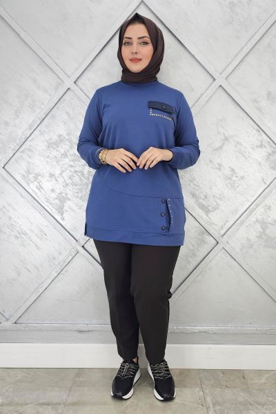 KADIN DÜĞME VE CEP GÖRÜNÜM DETAYLI TESETTÜR TUNİK İNDİGO - L