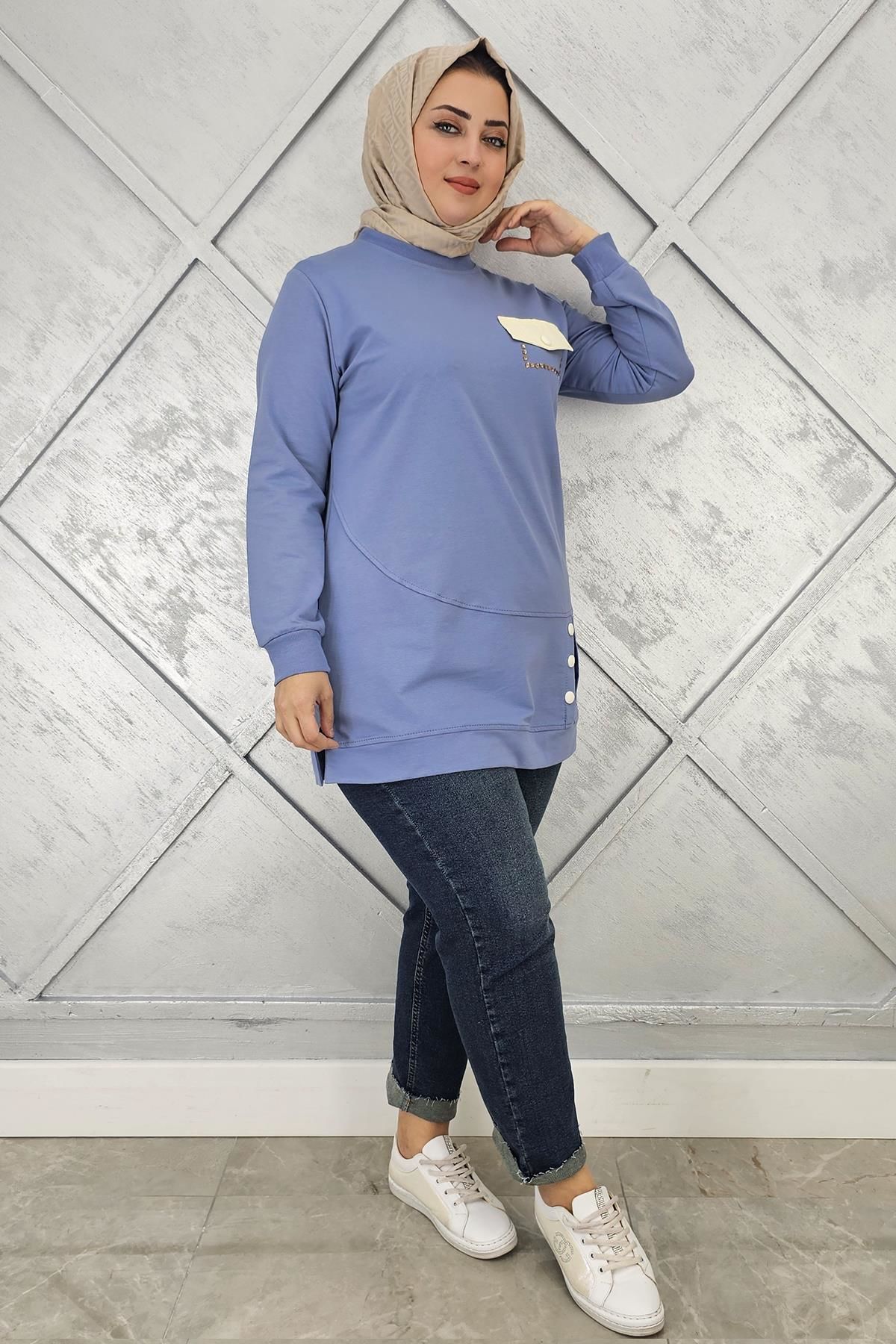 KADIN DÜĞME VE CEP GÖRÜNÜM DETAYLI TESETTÜR TUNİK MAVİ - XL