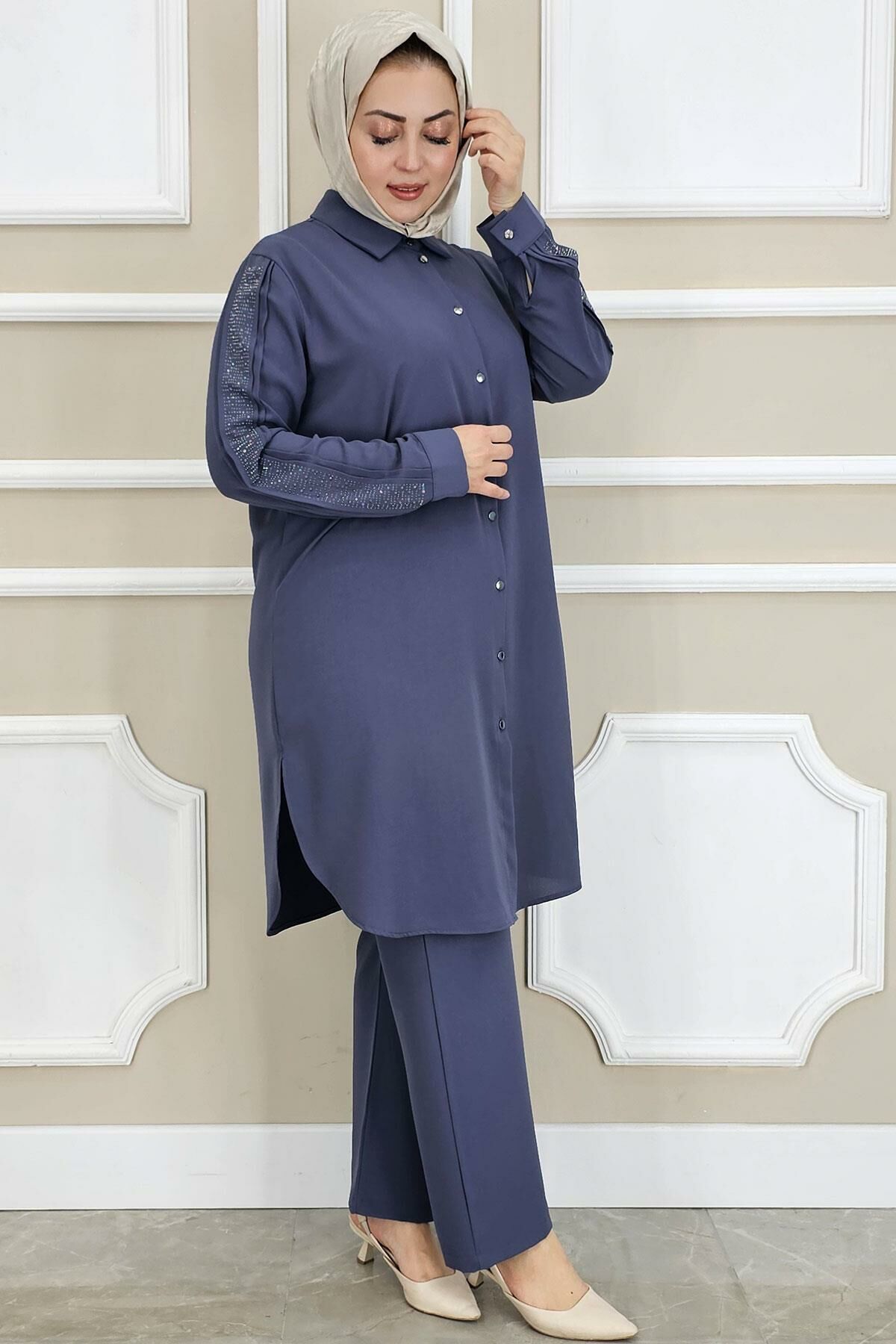 PYS KADIN KOLU TAŞ DETAYLI TESETTÜR TAKIM ANTRSİT - 3 BEDEN