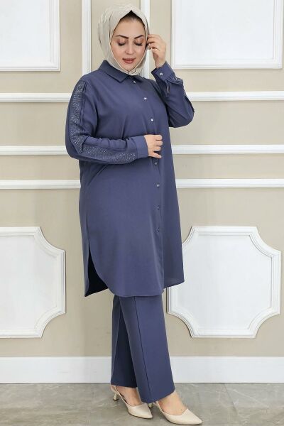 PYS KADIN KOLU TAŞ DETAYLI TESETTÜR TAKIM ANTRSİT - 3 BEDEN