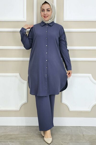 PYS KADIN KOLU TAŞ DETAYLI TESETTÜR TAKIM ANTRSİT - 3 BEDEN