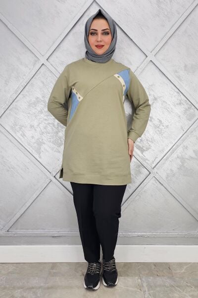 KADIN DÜĞME DETAYLI KOMBİNLİ TESETTÜR TUNİK MİNT YEŞİLİ - L