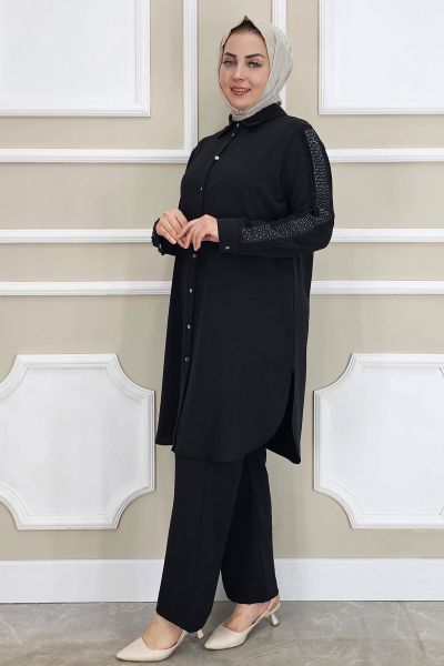 PYS KADIN KOLU TAŞ DETAYLI TESETTÜR TAKIM SİYAH - 5 BEDEN