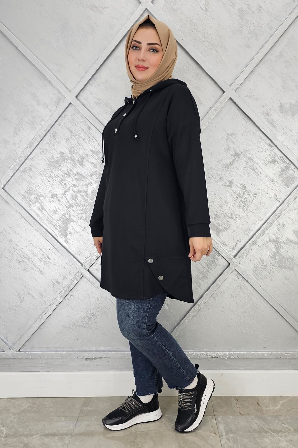 KADIN ÇIT ÇITLI KAPÜŞONLU TESETTÜR TUNİK SİYAH - 3 BEDEN