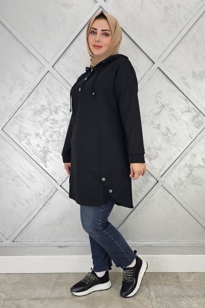 KADIN ÇIT ÇITLI KAPÜŞONLU TESETTÜR TUNİK SİYAH - 3 BEDEN
