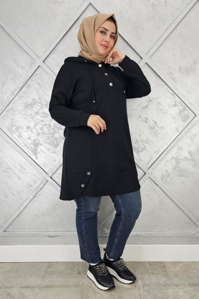 KADIN ÇIT ÇITLI KAPÜŞONLU TESETTÜR TUNİK SİYAH - 3 BEDEN