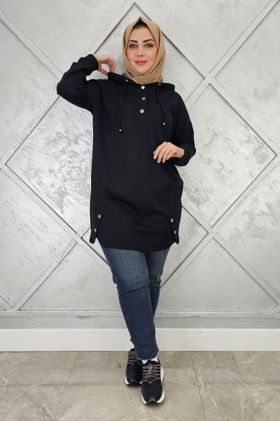 KADIN ÇIT ÇITLI KAPÜŞONLU TESETTÜR TUNİK SİYAH - 3 BEDEN