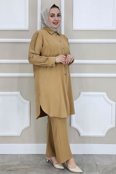 PYS KADIN KOLU TAŞ DETAYLI TESETTÜR TAKIM CAMEL - 4 BEDEN