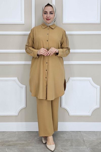 PYS KADIN KOLU TAŞ DETAYLI TESETTÜR TAKIM CAMEL - 4 BEDEN