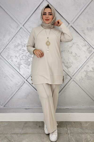 KADIN KOLYE DETAYLI NERVÜR DİKİM TESETTÜR TAKIM TAŞ - 4 BEDEN