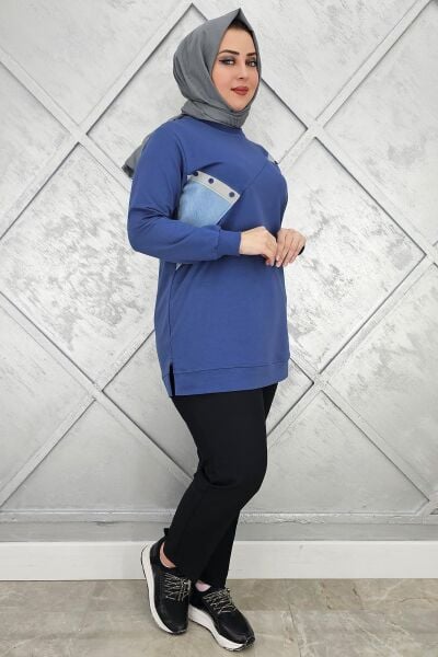 KADIN DÜĞME DETAYLI KOMBİNLİ TESETTÜR TUNİK İNDİGO - 3XL